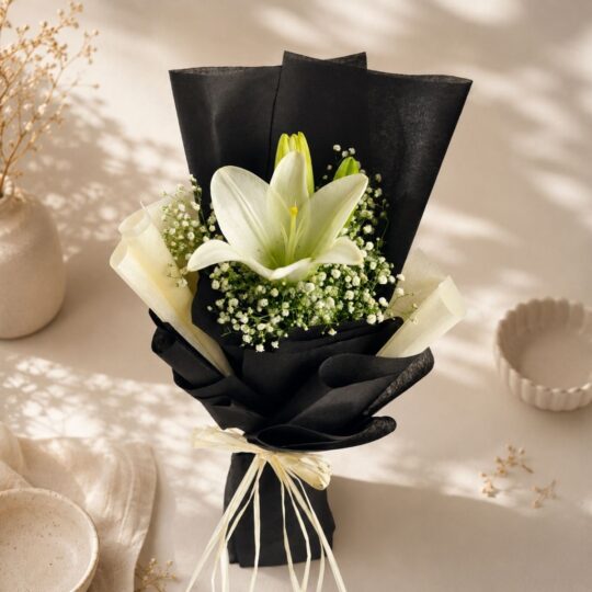 Elegant white lily bouquet with baby's breath | Same day flower delivery Bangalore | FreshKnots florist