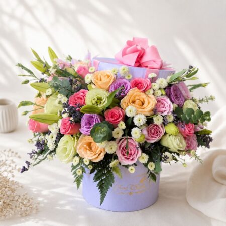 Pastel flower box Bangalore with roses lilies eustoma for same day flower delivery