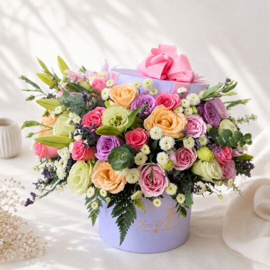 Pastel flower box Bangalore with roses lilies eustoma for same day flower delivery