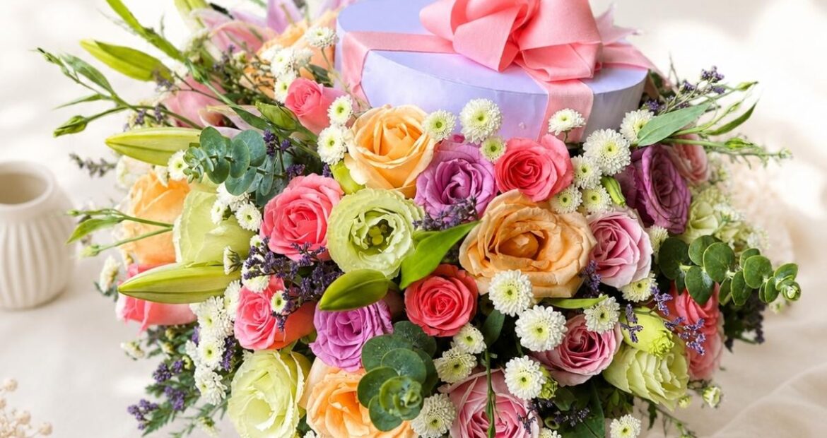 Pastel flower box Bangalore with roses lilies eustoma for same day flower delivery