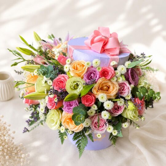 Pastel flower box Bangalore with roses lilies eustoma for same day flower delivery