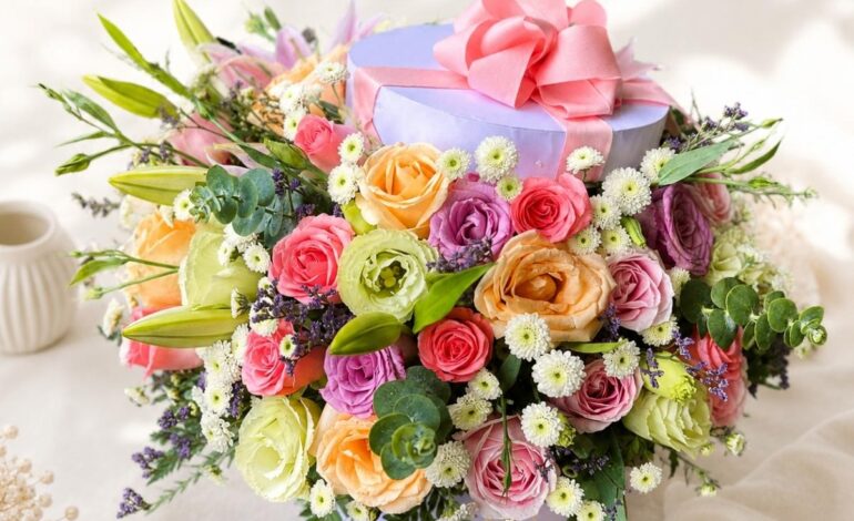 Pastel flower box Bangalore with roses lilies eustoma for same day flower delivery