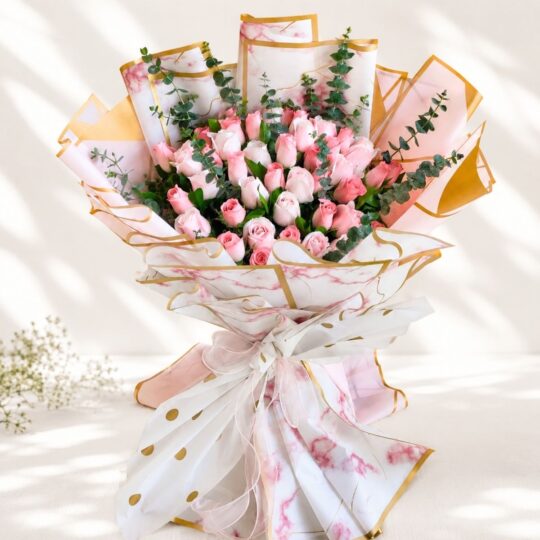 Pink roses with eucalyptus bouquet Bangalore with fresh blooms for same day flower delivery