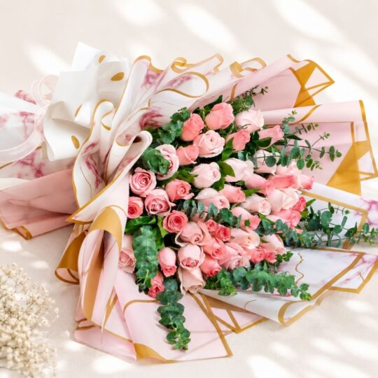 Pink roses with eucalyptus bouquet Bangalore with fresh blooms for same day flower delivery