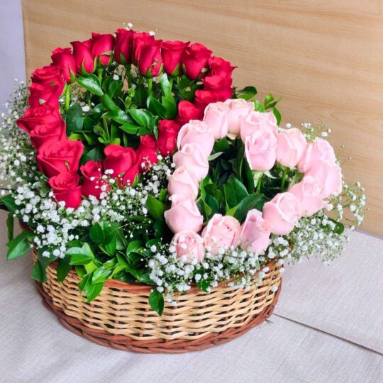 Heart-shaped red and pink rose arrangement in a basket with baby’s breath and greenery.