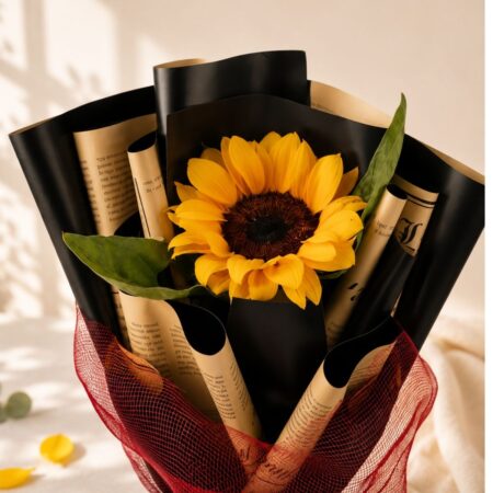 Close up of Sunny Mornings single sunflower bouquet, Bangalore flower delivery