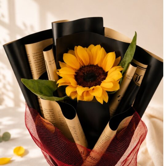 Close up of Sunny Mornings single sunflower bouquet, Bangalore flower delivery