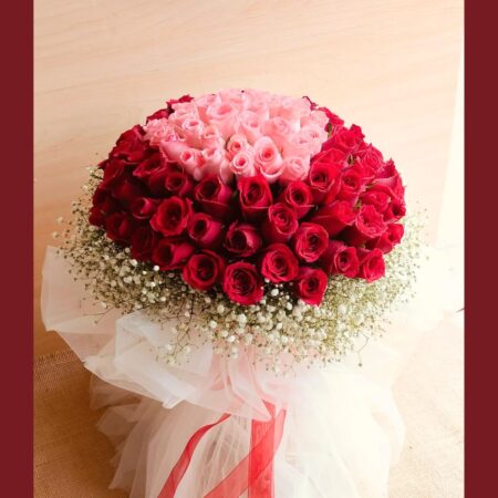Grand bouquet of red and pink roses with baby’s breath — romantic flower arrangement for Valentine gifting and same-day flower delivery in Bangalore by FreshKnots
