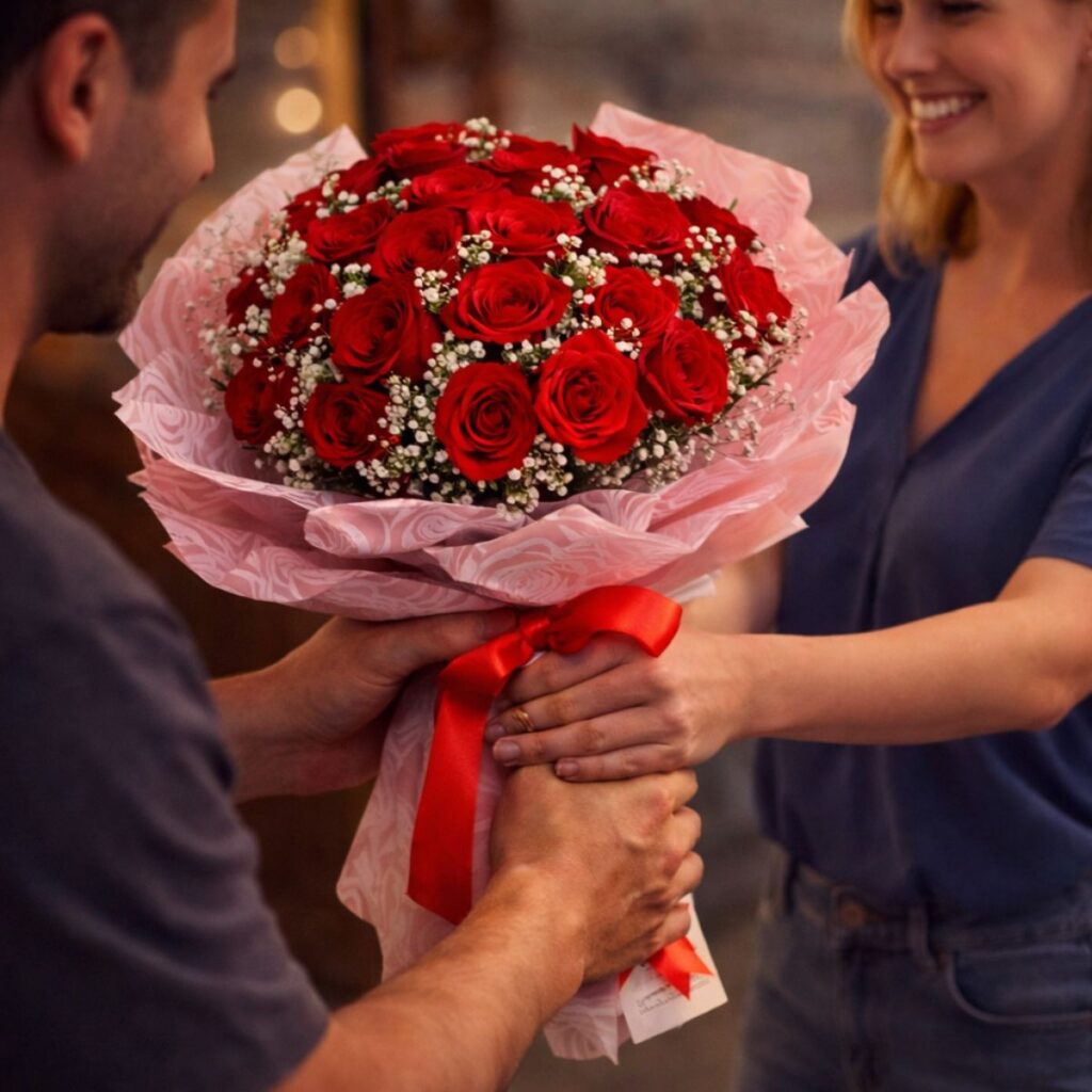 Large red rose bouquet with baby’s breath in pink and cream wrap, handcrafted for romantic gifting and flower delivery in Bangalore