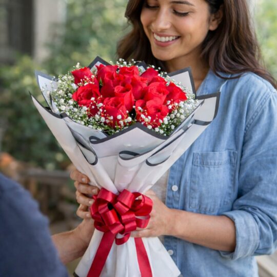 A bouquet of fresh red roses wrapped in white and black paper with baby’s breath and a red bow, placed with scattered rose petals around it.