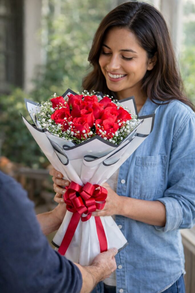A bouquet of fresh red roses wrapped in white and black paper with baby’s breath and a red bow, placed with scattered rose petals around it.