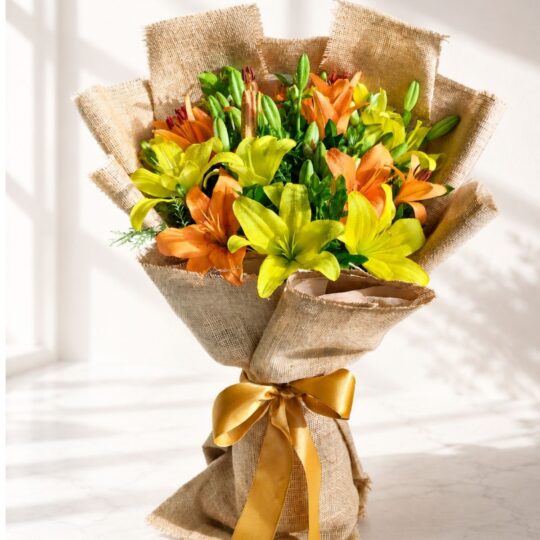 Fresh yellow and orange lily bouquet in jute wrap for same day flower delivery in Bangalore by FreshKnots