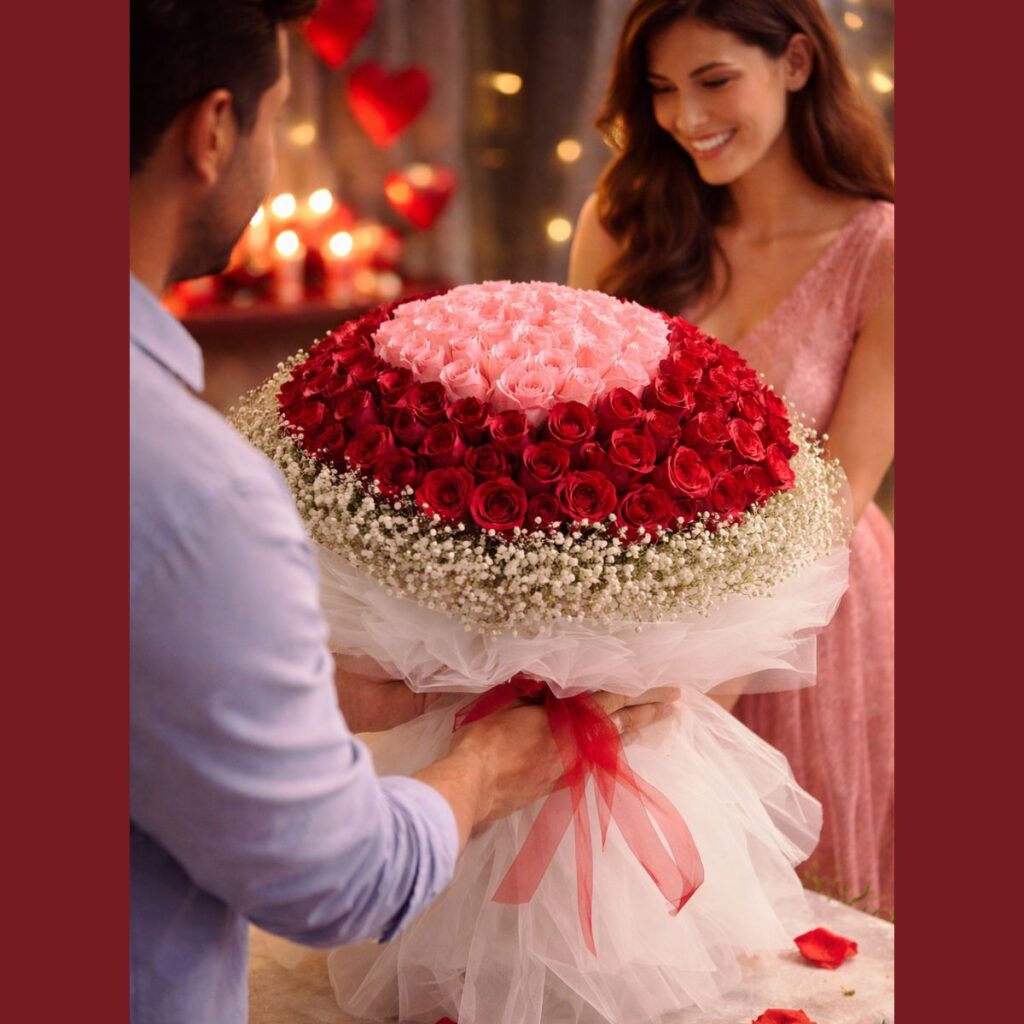 Grand bouquet of red and pink roses with baby’s breath — romantic flower arrangement for Valentine gifting and same-day flower delivery in Bangalore by FreshKnots