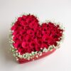Heart-shaped red rose box with baby’s breath for romantic gifting - FreshKnots same-day flower delivery in Bangalore.