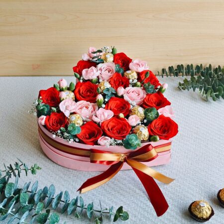 Heart shaped rose and chocolate gift box with fresh roses by FreshKnots Bangalore