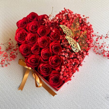 Heart shaped red rose arrangement for same day flower delivery in Bangalore, luxury romantic flowers by FreshKnots