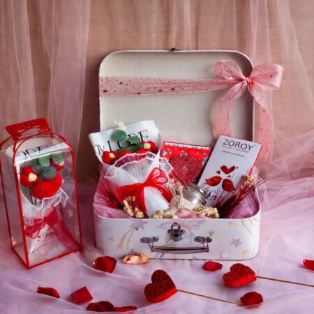 Valentine gift hamper suitcase box with crochet flowers, Belgian chocolate, and greeting card in Bangalore