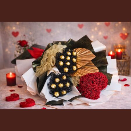 Luxury Ferrero Rocher heart bouquet by FreshKnots Bangalore, perfect Valentine’s Day chocolate flower gift