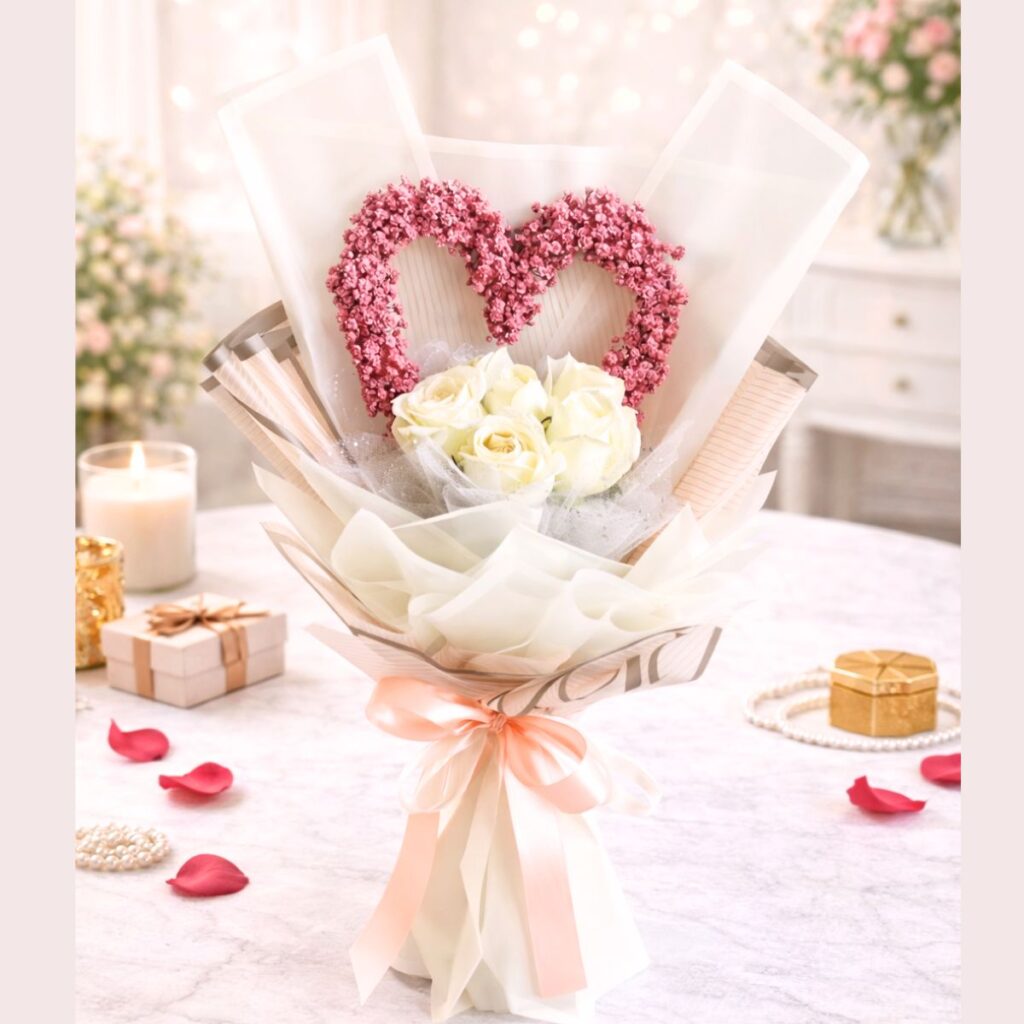 White rose Valentine bouquet with pink heart baby’s breath design and luxury wrapping in Bangalore