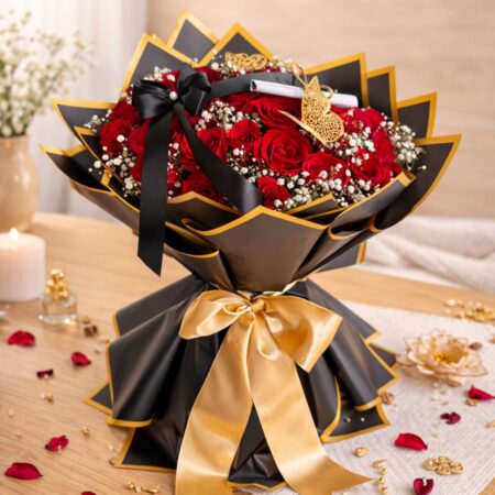 Luxury red rose Valentine bouquet with black and gold wrapping