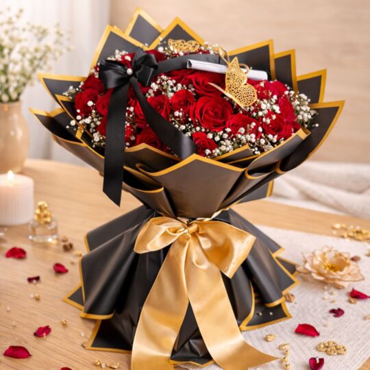 Luxury red rose Valentine bouquet with black and gold wrapping