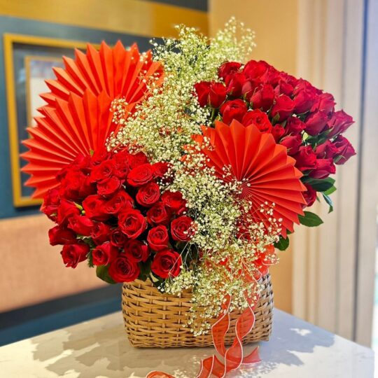 Luxury red rose basket arrangement for Valentine’s Day gift delivery by FreshKnots