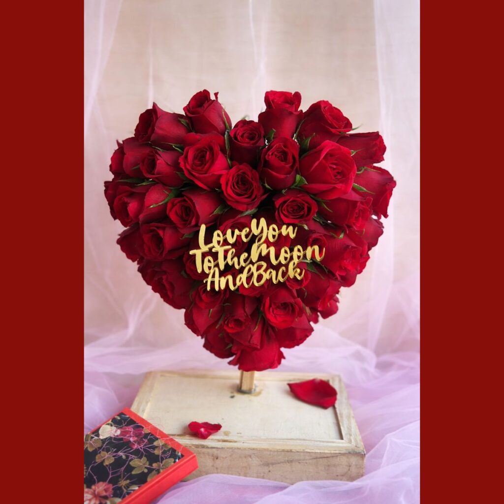 Heart shaped red rose arrangement for Valentine’s Day with same day delivery in Bangalore by Fresh Knots