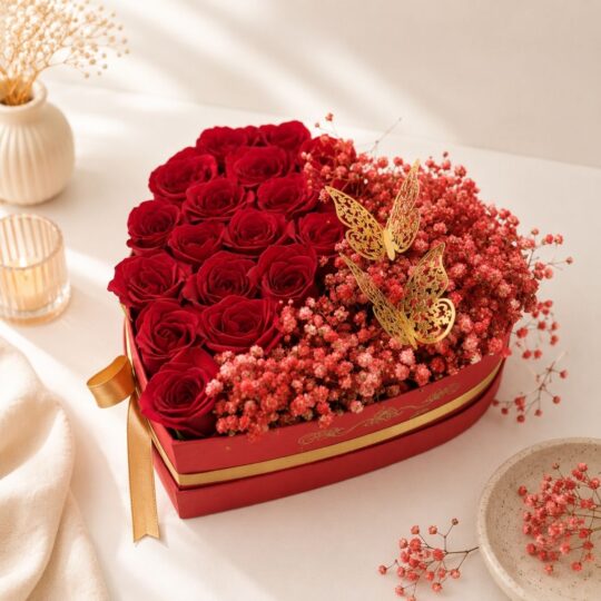 Heart shaped red rose arrangement for same day flower delivery in Bangalore, luxury romantic flowers by FreshKnots