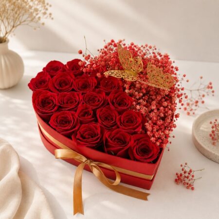Heart shaped red rose arrangement for same day flower delivery in Bangalore, luxury romantic flowers by FreshKnots