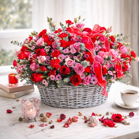 Luxury floral basket arrangement with red roses, pink roses, carnations, fillers and eucalyptus by FreshKnots Bangalore.