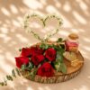 Romantic red rose gift set with baby's breath heart scented candle and keepsakes for same day delivery in Bangalore