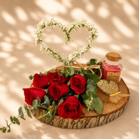 Romantic red rose gift set with baby's breath heart scented candle and keepsakes for same day delivery in Bangalore