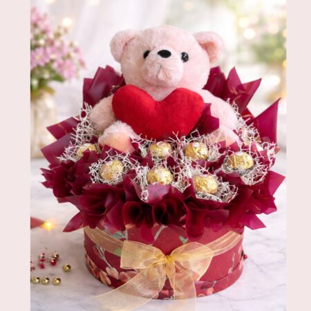 Valentine teddy bear chocolate gift box with Ferrero Rocher chocolates and luxury packaging in Bangalore