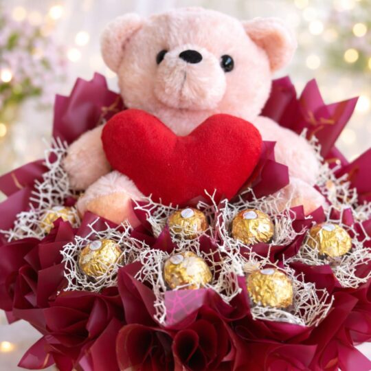 Valentine teddy bear chocolate gift box with Ferrero Rocher chocolates and luxury packaging in Bangalore