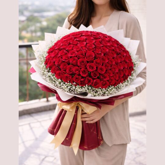 100 red roses Valentine bouquet for love and romance by FreshKnots