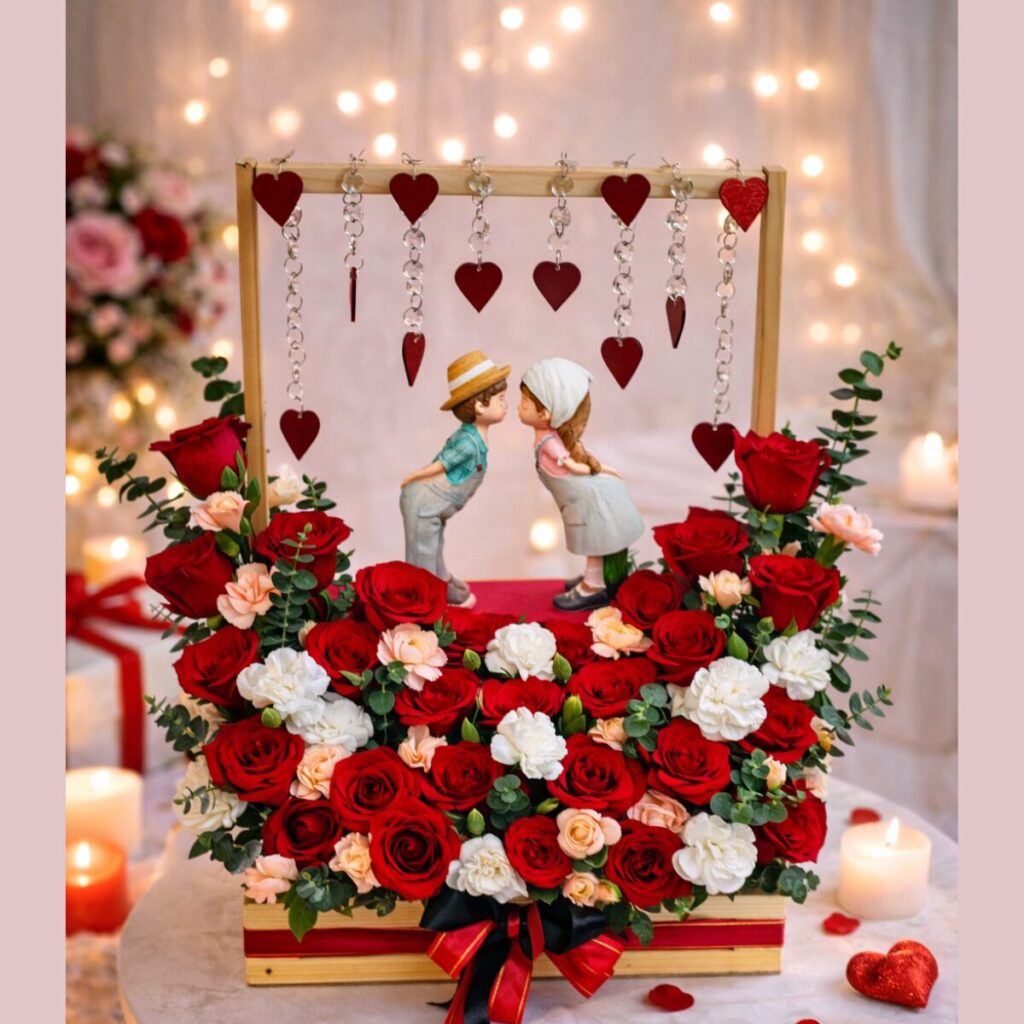 Romantic couple figurine with red rose flower arrangement for Valentine’s Day delivery in Bangalore
