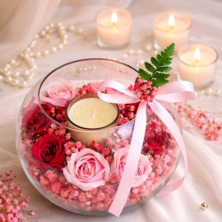 Rose and candle glass bowl arrangement for same day flower delivery in Bangalore by FreshKnots