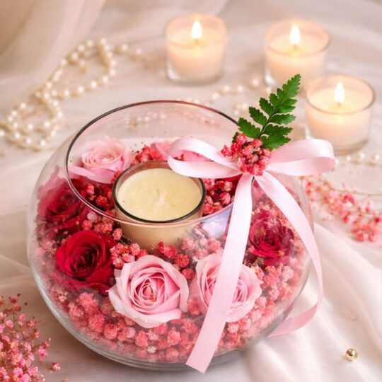 Rose and candle glass bowl arrangement for same day flower delivery in Bangalore by FreshKnots