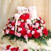 Valentine’s Day flower basket with red and pink roses, carnations and teddy bears by FreshKnots Bangalore