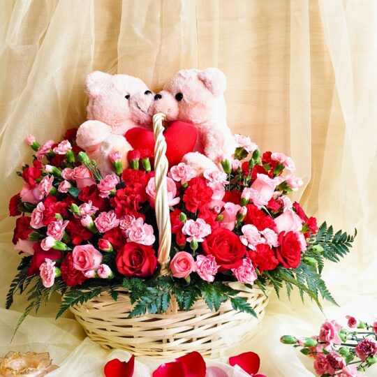 Valentine’s Day flower basket with red and pink roses, carnations and teddy bears by FreshKnots Bangalore