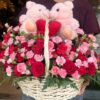 Valentine’s Day flower basket with red and pink roses, carnations and teddy bears by FreshKnots Bangalore