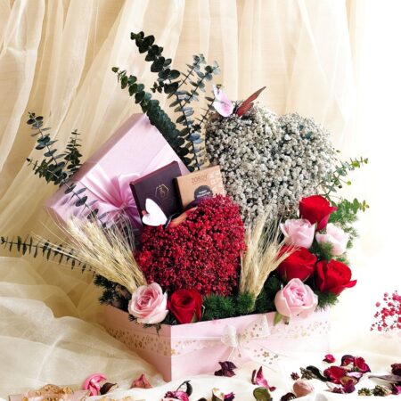 Luxury flower and chocolate arrangement with roses and baby’s breath for same day delivery in Bangalore by FreshKnots