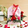 Valentine flower gift bag with red roses and chocolates for same day delivery in Bangalore