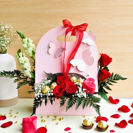 Valentine flower gift bag with red roses and chocolates for same day delivery in Bangalore