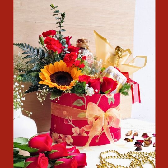 Luxury Valentine flower box with roses, sunflowers, chocolates and wine – same day flower delivery in Bangalore
