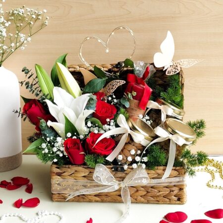 Luxury white lily and red rose floral hamper with gourmet jars by FreshKnots, ideal for same day flower delivery and premium gifting in Bangalore.