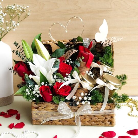 Luxury white lily and red rose floral hamper with gourmet jars by FreshKnots, ideal for same day flower delivery and premium gifting in Bangalore.