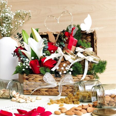 Luxury white lily and red rose floral hamper with gourmet jars by FreshKnots, ideal for same day flower delivery and premium gifting in Bangalore.