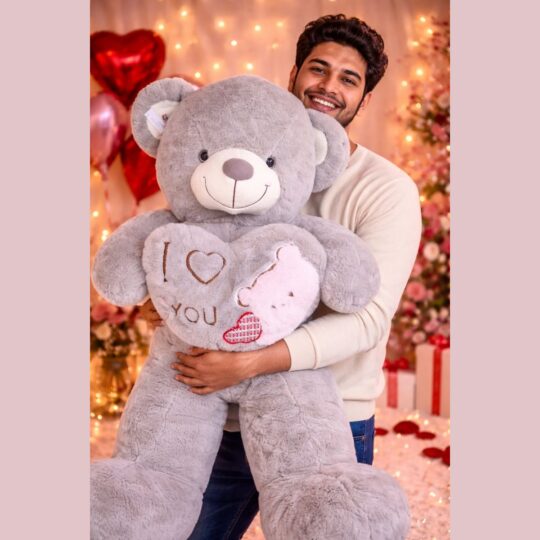 Grey teddy bear Valentine gift with heart message, romantic soft toy gift in Bangalore