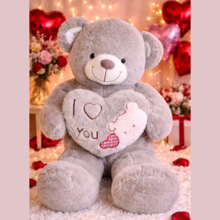 Grey teddy bear Valentine gift with heart message, romantic soft toy gift in Bangalore